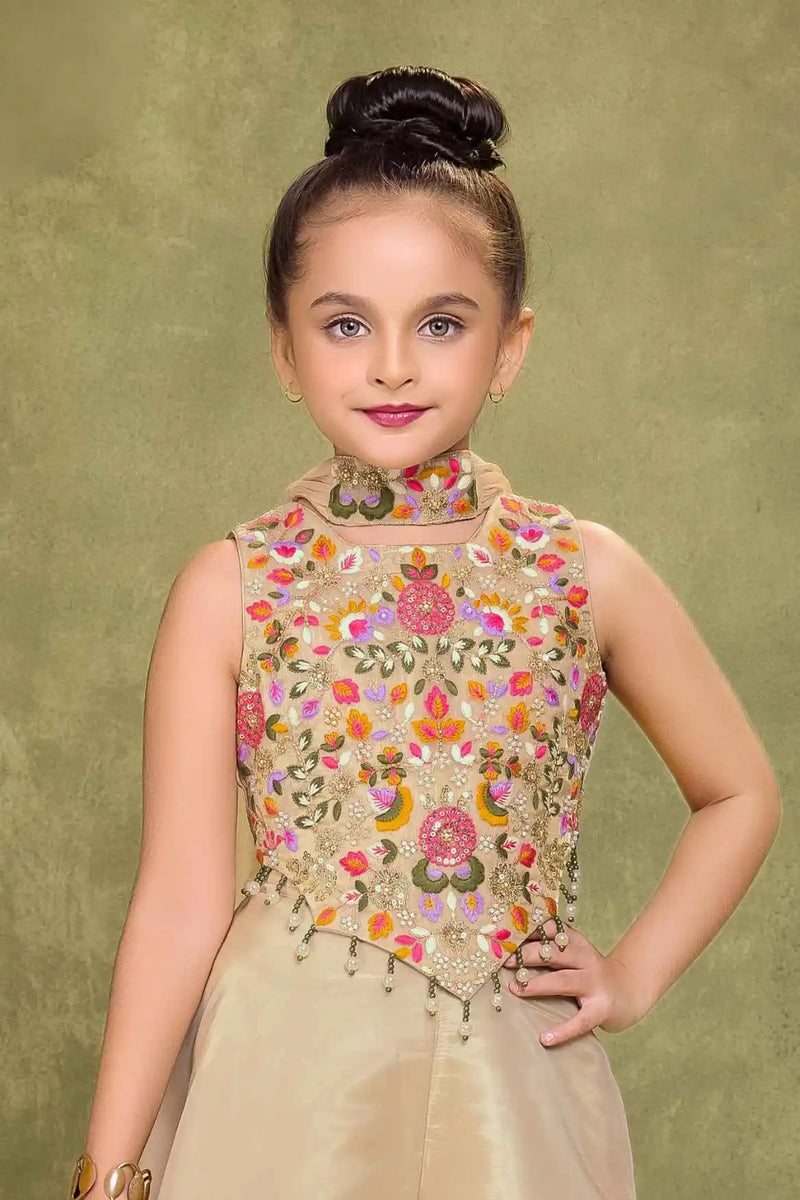 Fawn Sequins Work With Thread Embroidery Palazzo Set For Girls