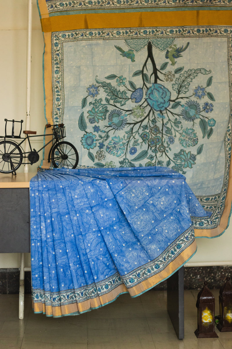Cotton Kasavu Saree,Tree of Life Design • Blue-4