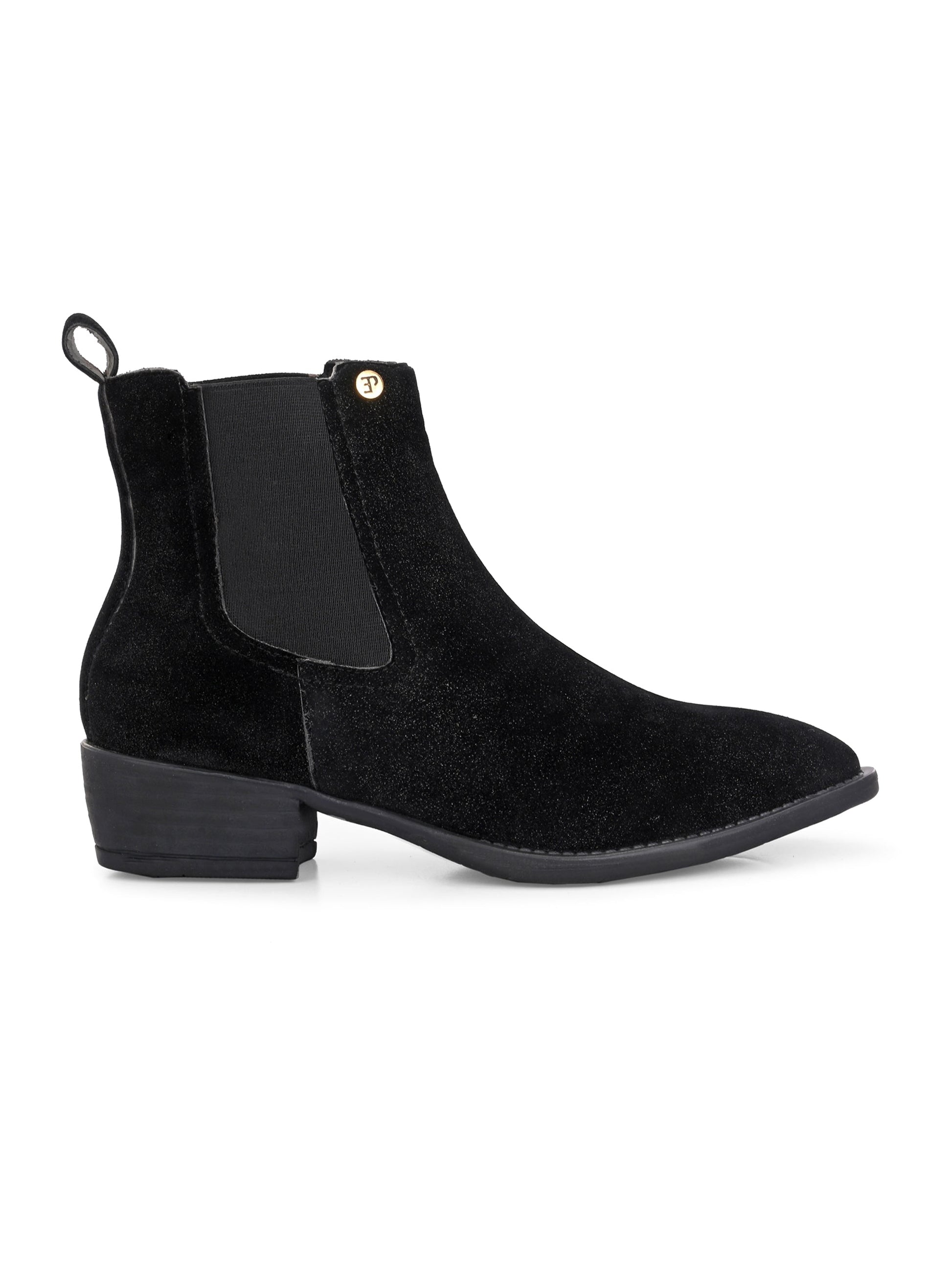 Charcoal suede slip-on boots with elastic side panels and a low block heel, featuring subtle gold detailing for a sleek, versatile look