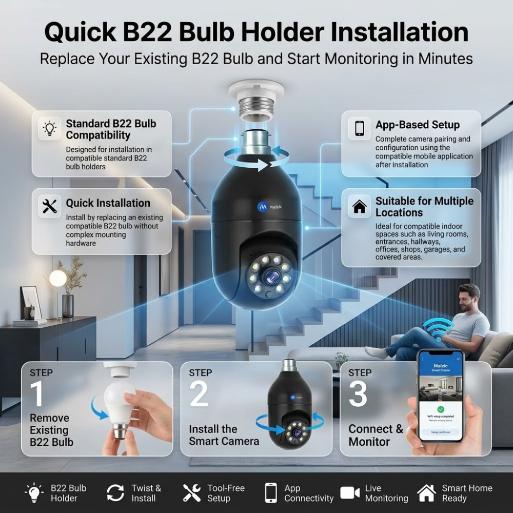 Maizic Smarthome Black smart indian Bulb Holder CCTV Camera 3MP | 360° Auto Rotation | WiFi Indoor Security Camera | AI Human Detection | Motion Detection | Color Night Vision | Two-Way Audio