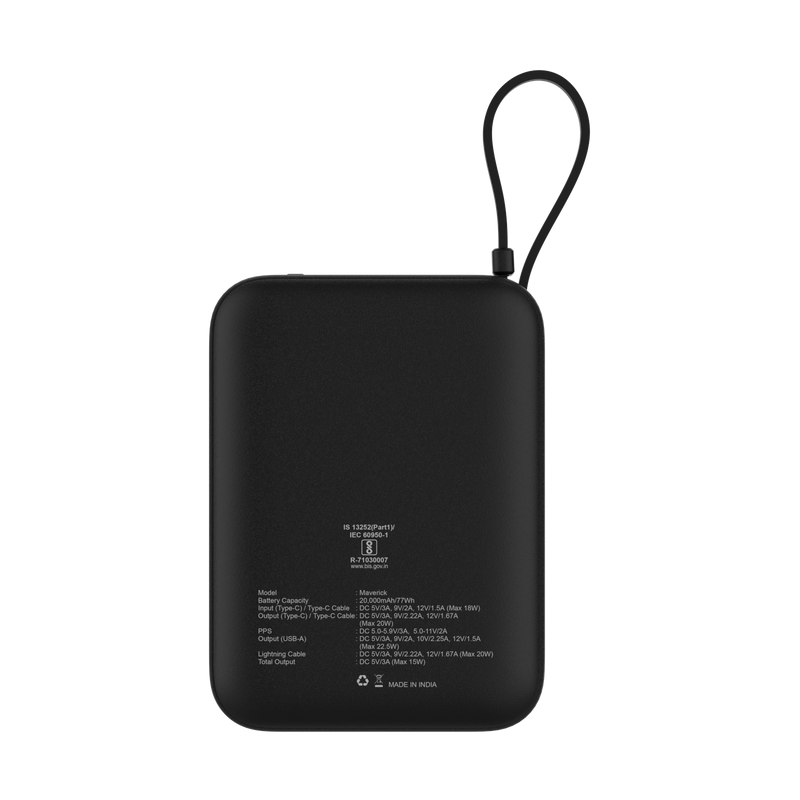 Maverick Mini 20,000mAh Powerbank with 20W Built-in Lightning & Type-C Cables