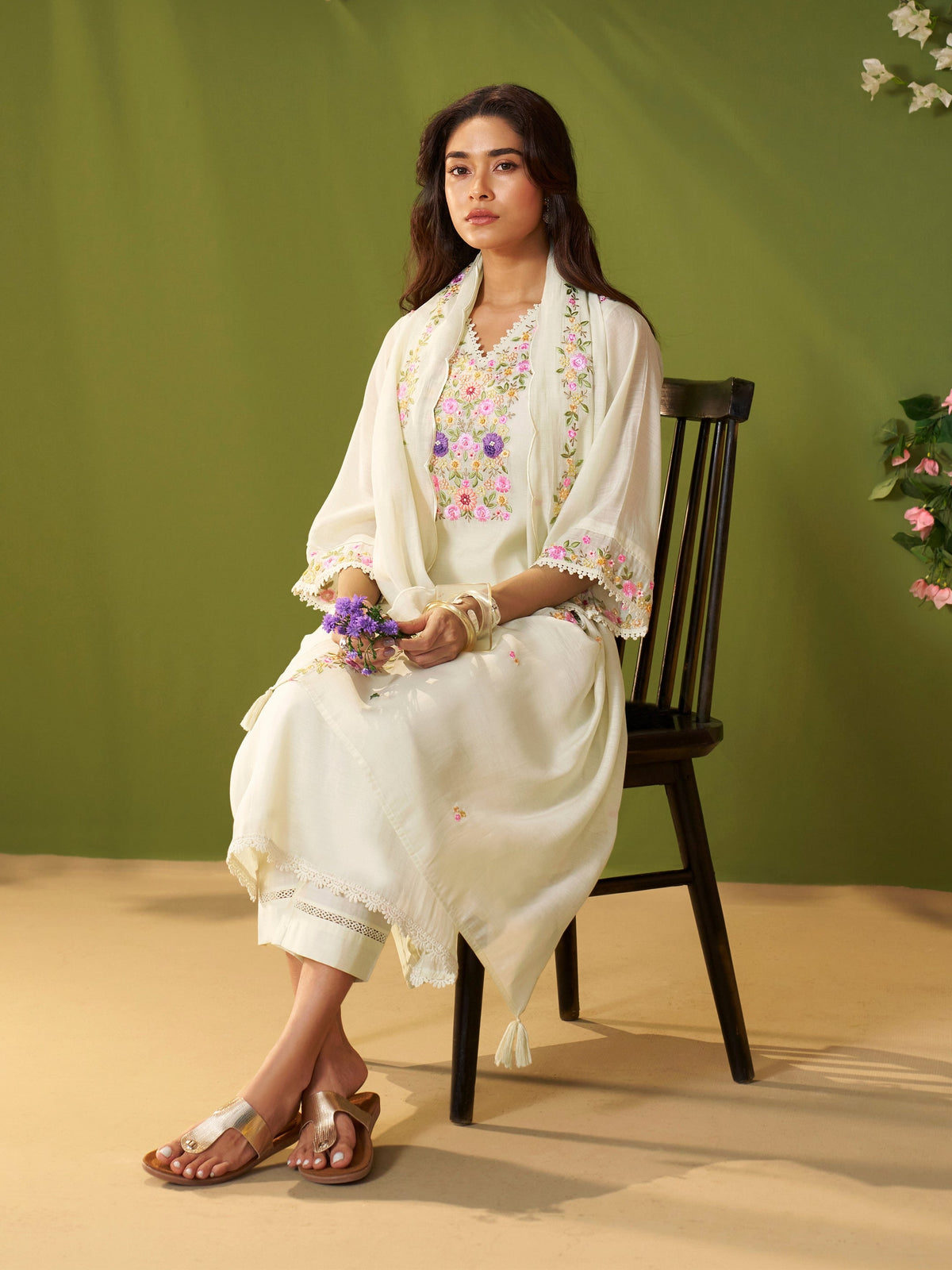 Komal White Mul Chanderi Suit Set