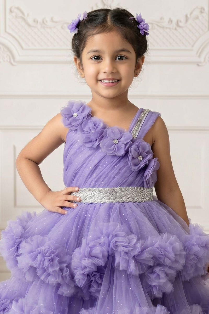 Lavender Floral Appliqué Layered High-Low Party Wear Frock For Girls