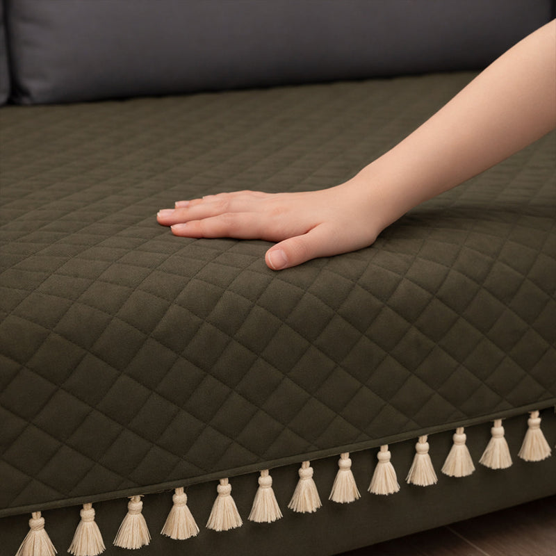 Quilted Velvet Sofa Cover with Tassels (Brown)-10