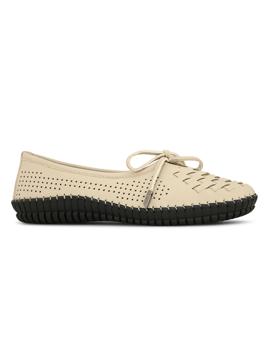 A beige women's flat with a perforated woven upper, round toe, metallic-tipped bow, and flexible black rubber outsole for comfort and casual wear.