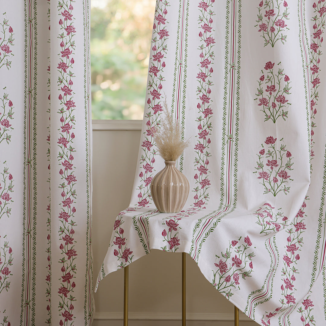 Pink Floral Petal Stripe Rod Pocket Printed duck Curtain-3