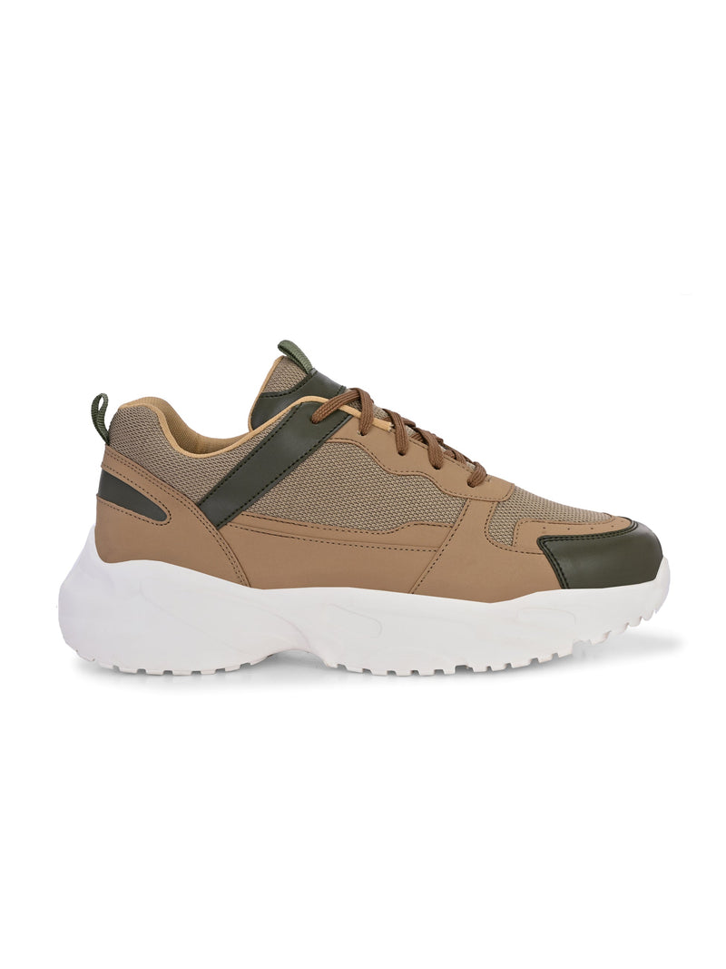 A Sneaker in Beige color with green texture and brown lace-up