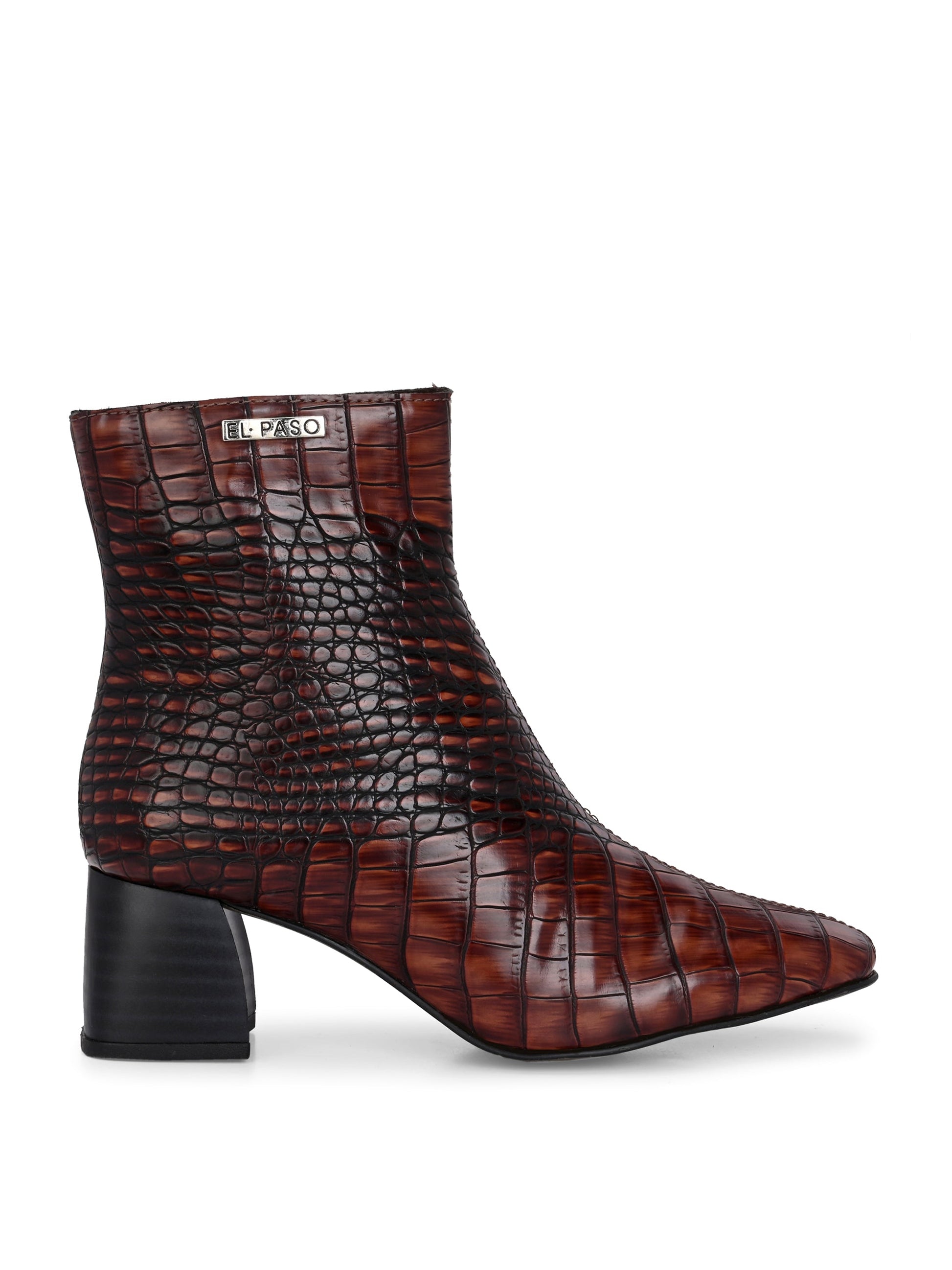 Brown crocodile-patterned high heel boot with a block heel and El Paso branding.