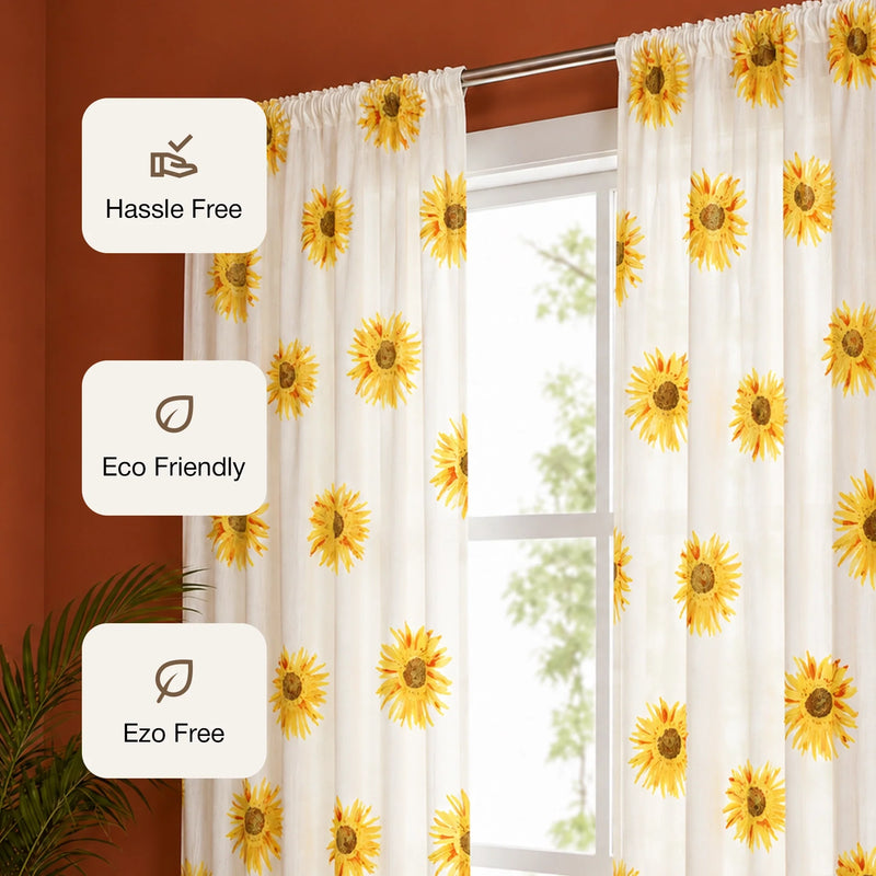 Yellow Sunflower Printed Rod Pocket Duck Curtain-3