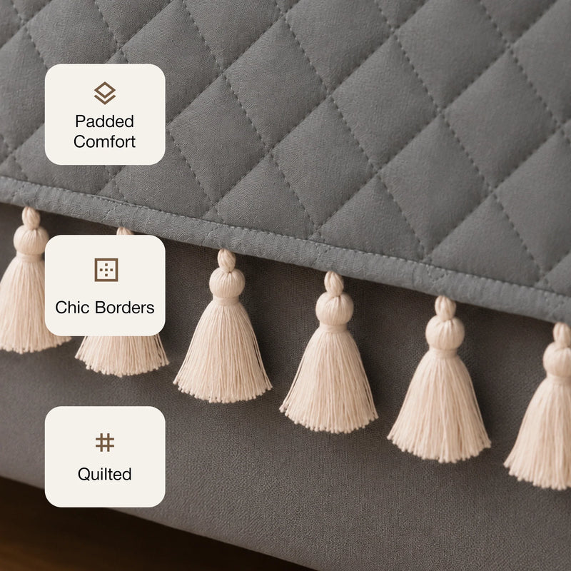 Quilted Velvet Sofa Cover with Tassels (Grey)-4