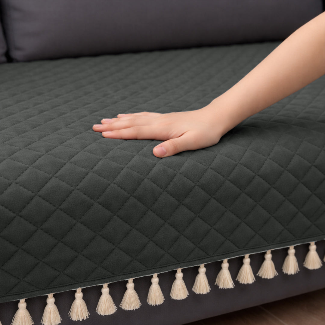 Quilted Velvet Sofa Cover with Tassels (Grey)-10