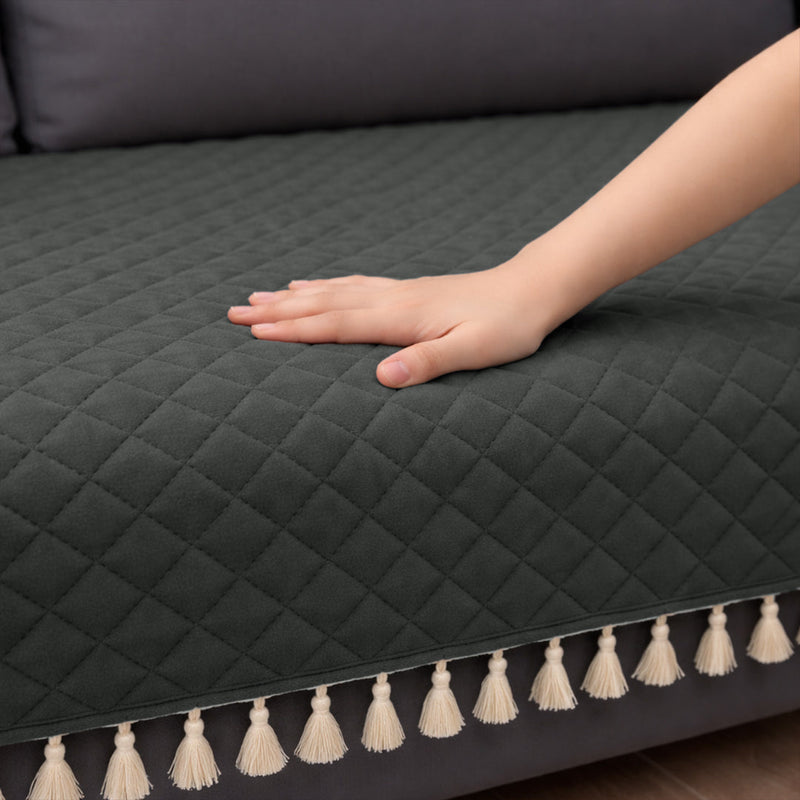 Quilted Velvet Sofa Cover with Tassels (Grey)-10