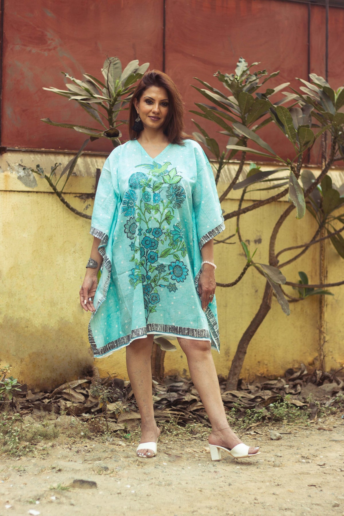 Hand Block Printed and Hand Painted Cotton Mul Kaftan · Teal Tree Of Life-3