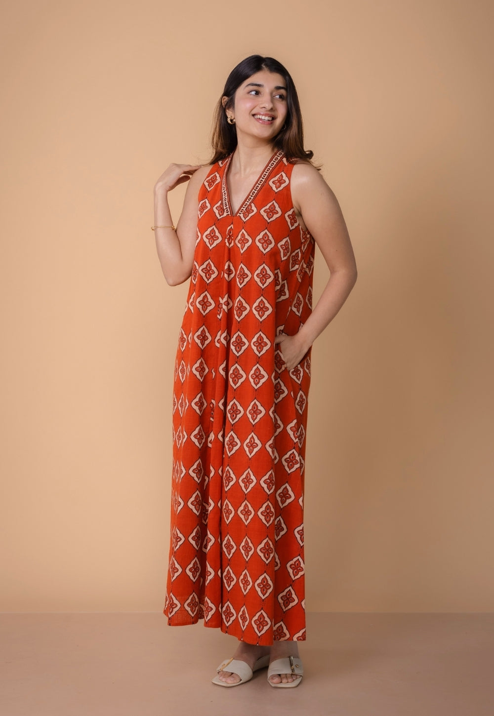 Arisha Orange Dabu Slub Cotton A Line Dress
