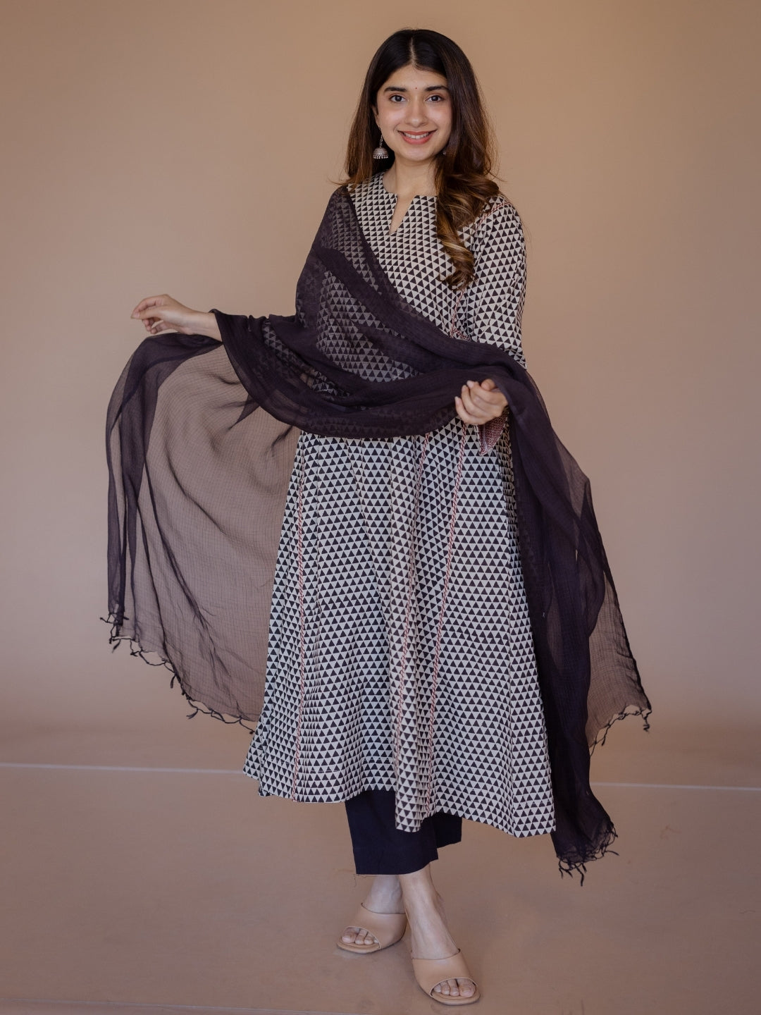 Nyra Off White Bagru Cotton Jhabbha Kali Kurta with Embroidery