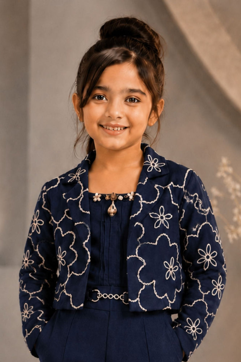 Navy Blue Embroidered Co-ord Set with Cropped Jacket For Girls