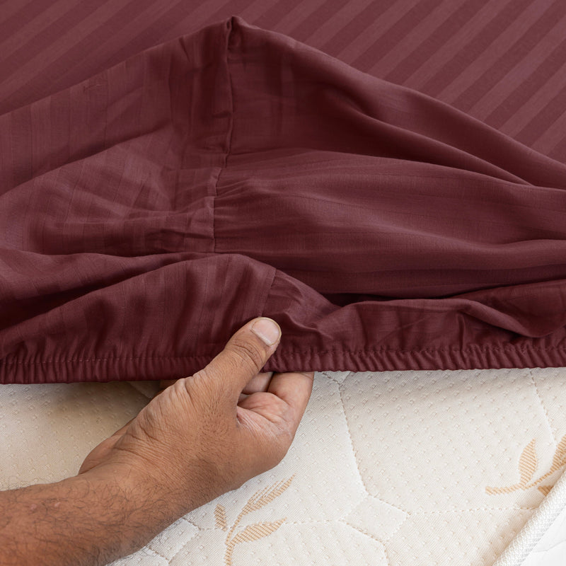 Breton Drift - Satin Stripes Fitted Bedsheet (Maroon)-3