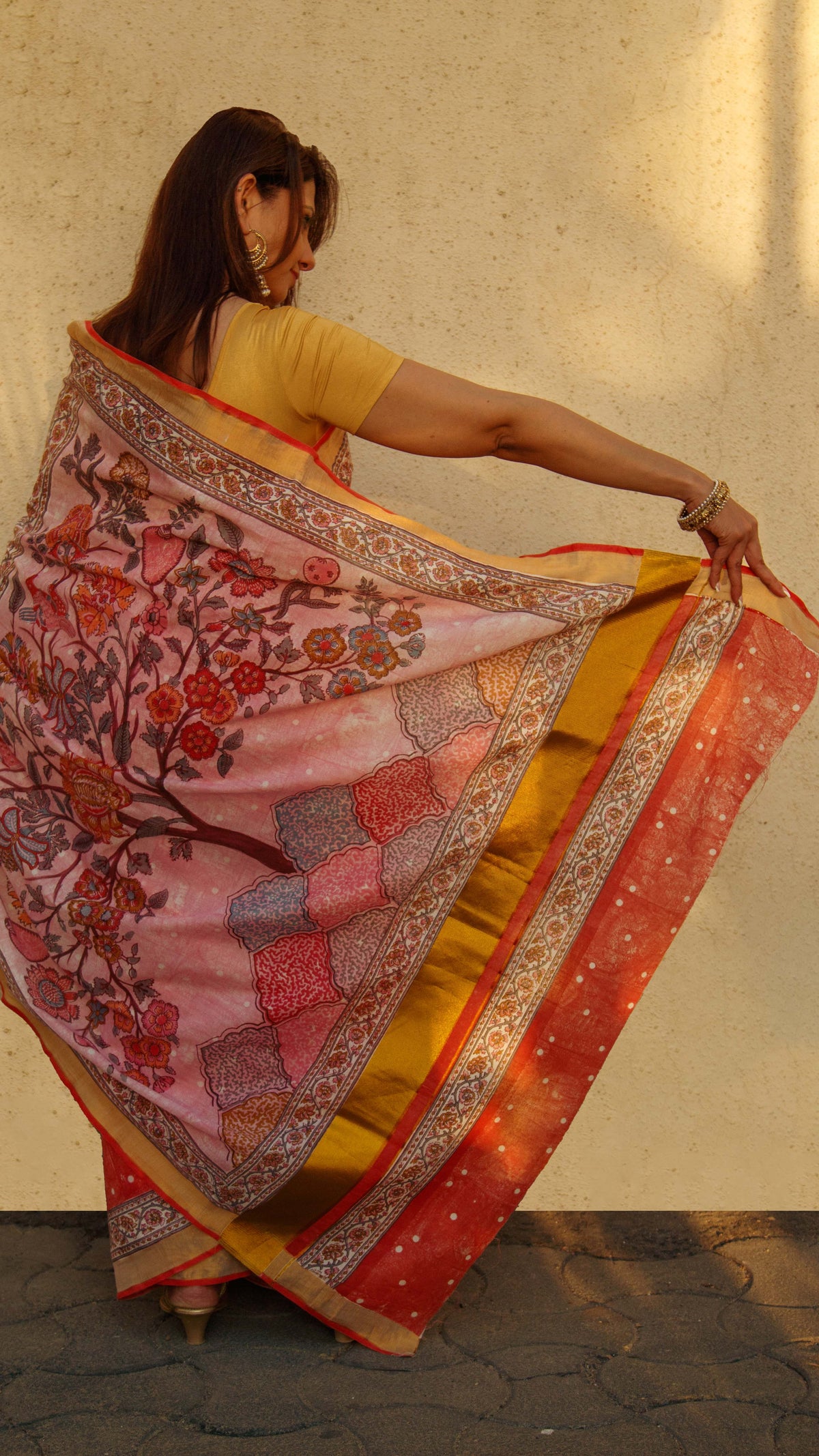 Cotton Kasavu Saree,Tree of Life Design • Coral-4