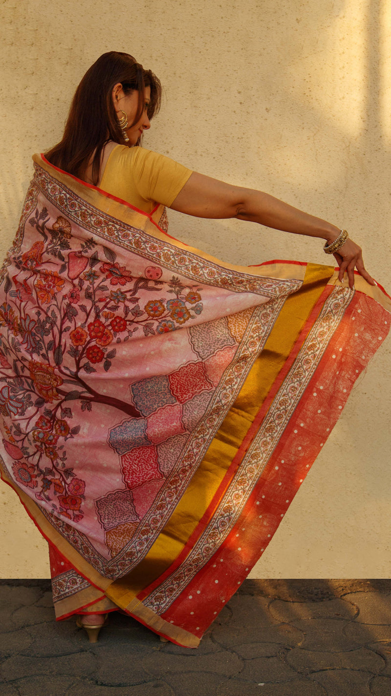 Cotton Kasavu Saree,Tree of Life Design • Coral-4