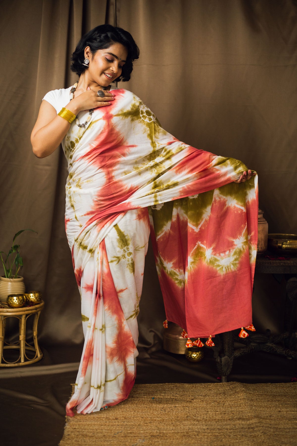 Cotton Mul Tie Dye Saree Green Earth-3