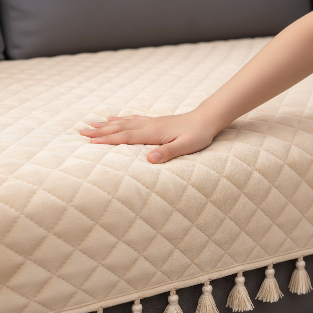 Quilted Velvet Sofa Cover with Tassels (Beige)-9