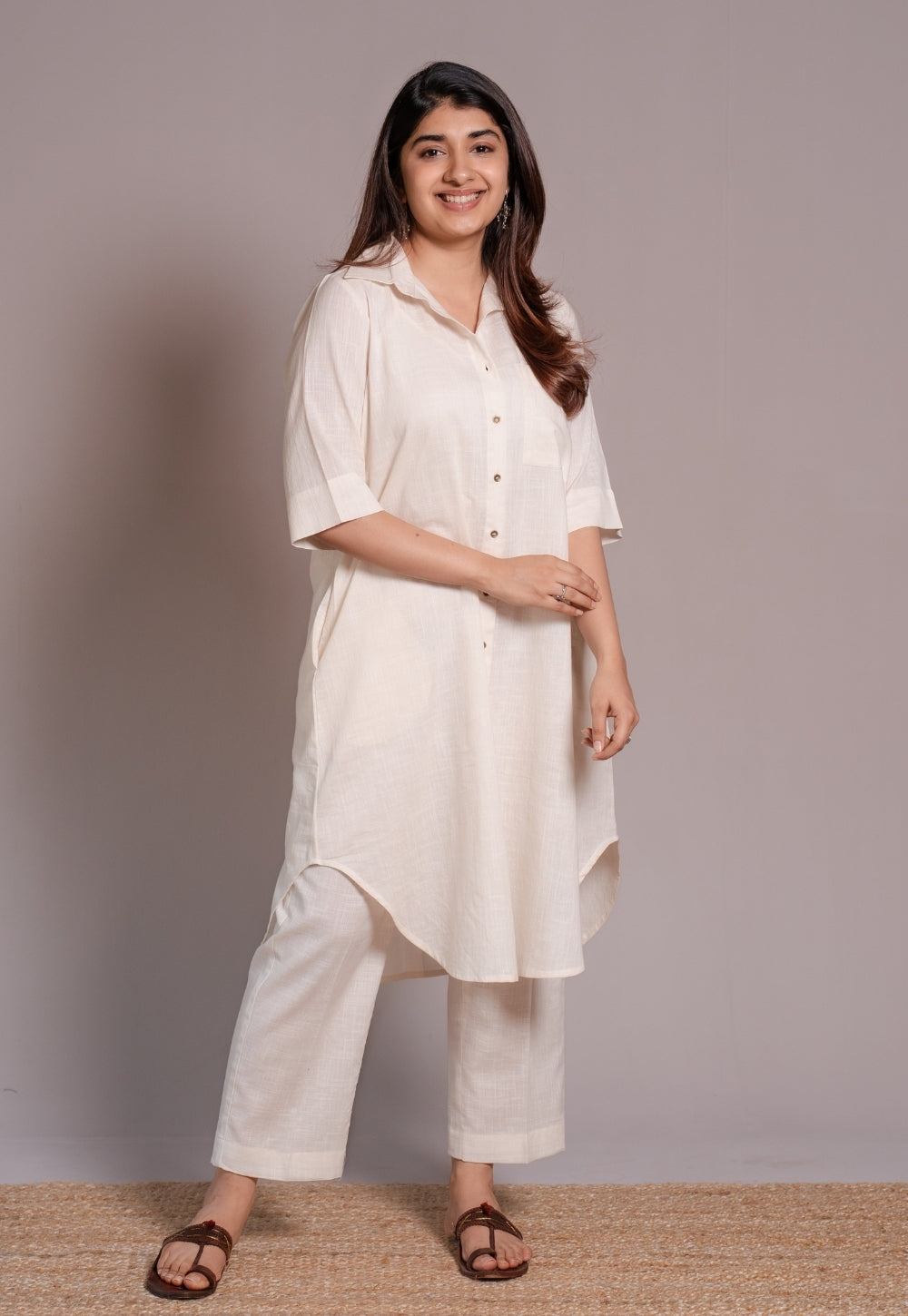 Off White Solid Slub Cotton Straight Co-Ord Set- DyeVerse