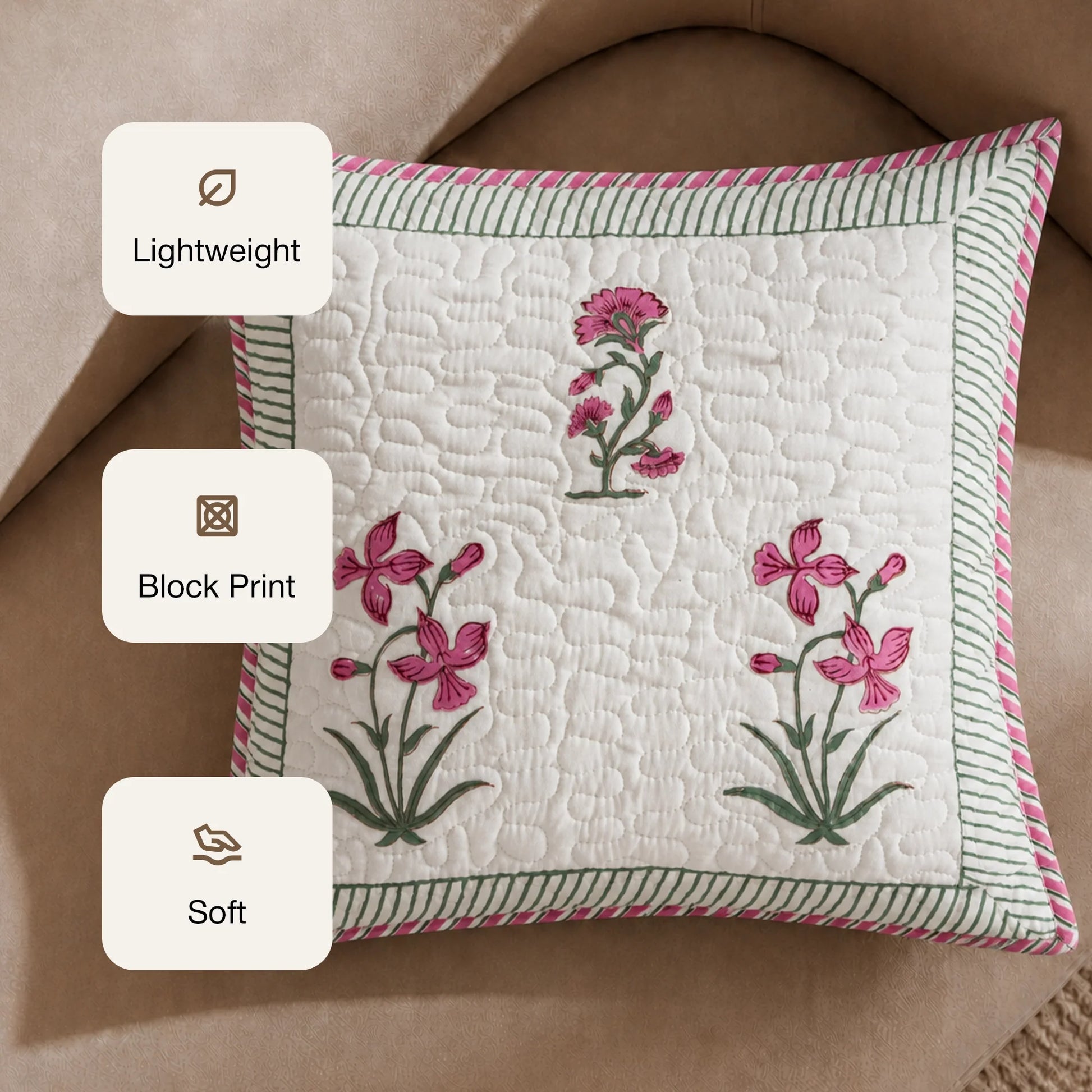 Ombre Orchid - Hand Block Print Quilted Cushion Cover (Pink)-3