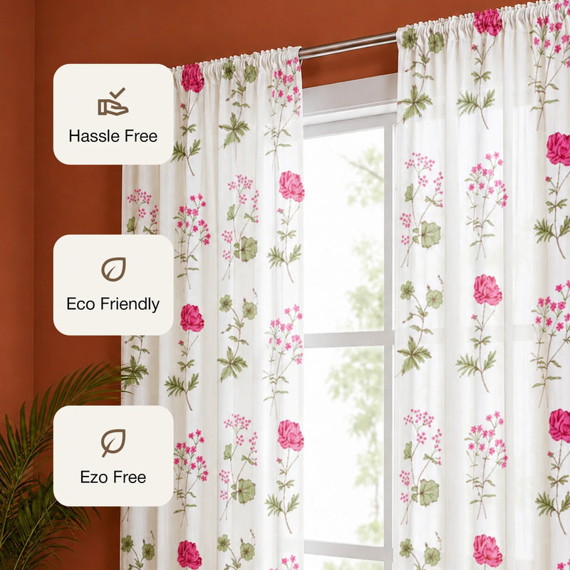 Pink Floral Printed Rod Pocket Duck Curtain-3