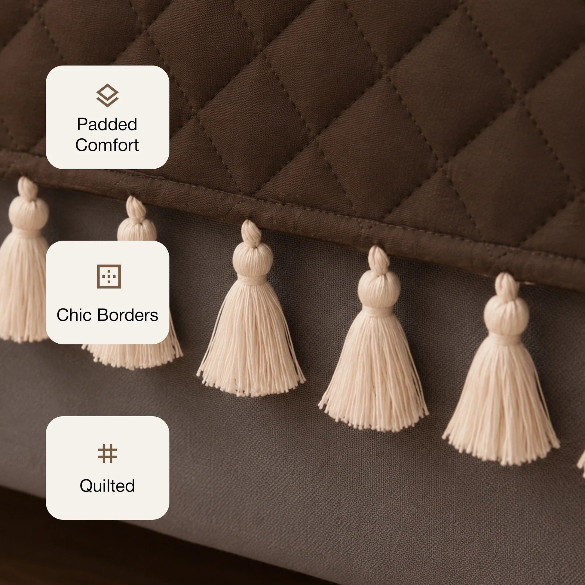 Quilted Velvet Sofa Cover with Tassels (Brown)-4