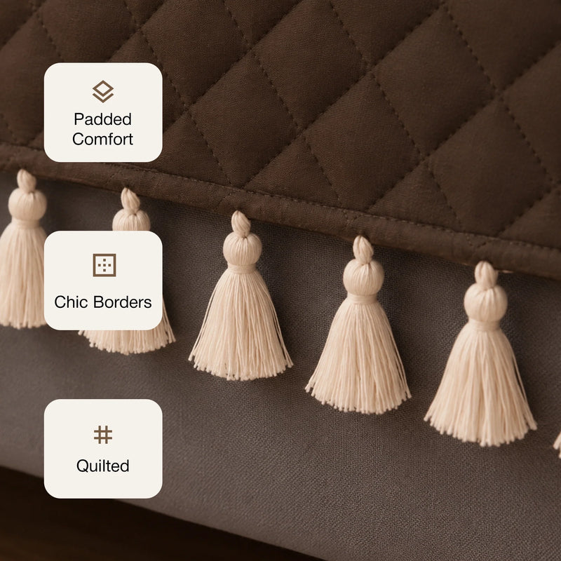 Quilted Velvet Sofa Cover with Tassels (Brown)-4