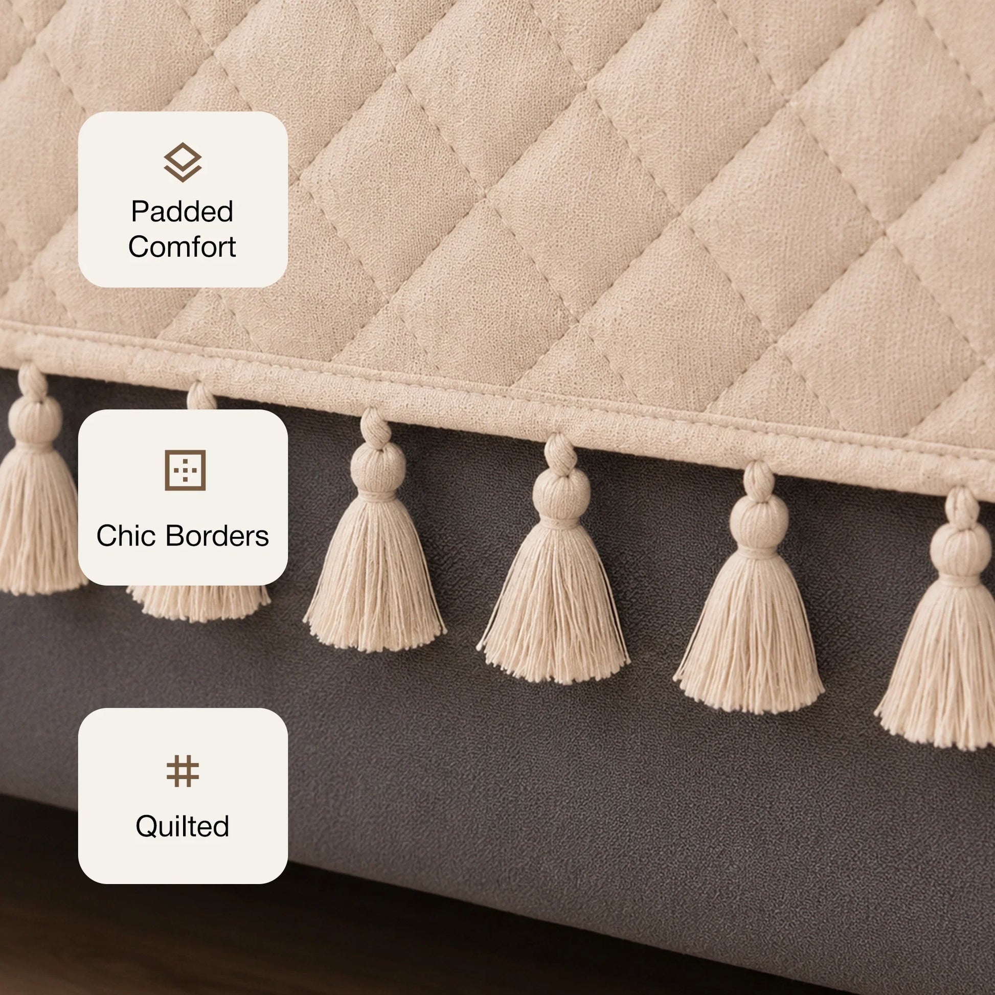 Quilted Velvet Sofa Cover with Tassels (Beige)-4