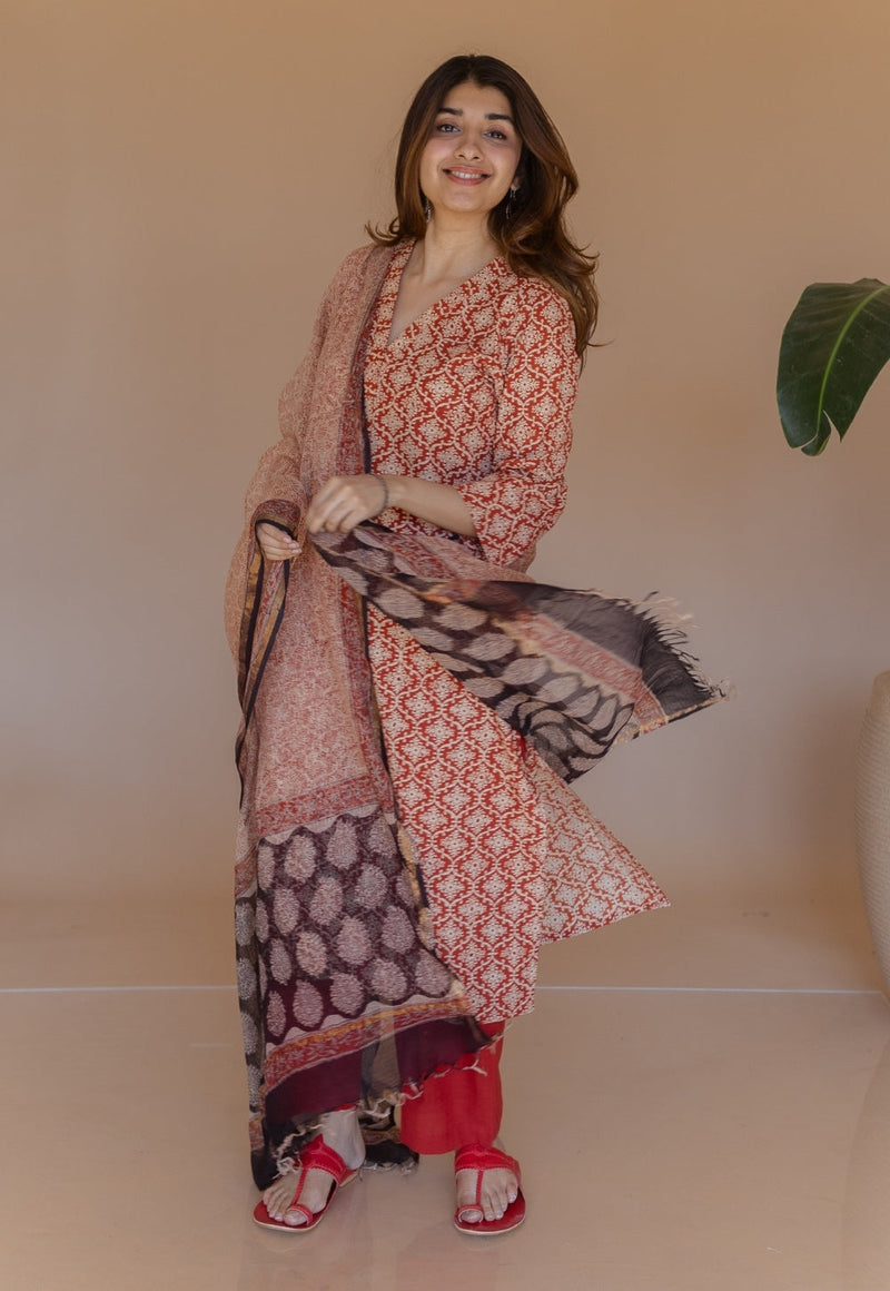 Avika Red Bagru Cotton Straight Kurta