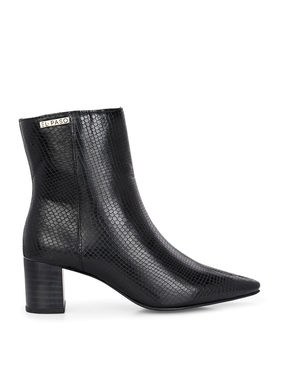 Black textured ankle boots with a sleek snakeskin pattern and a block heel design