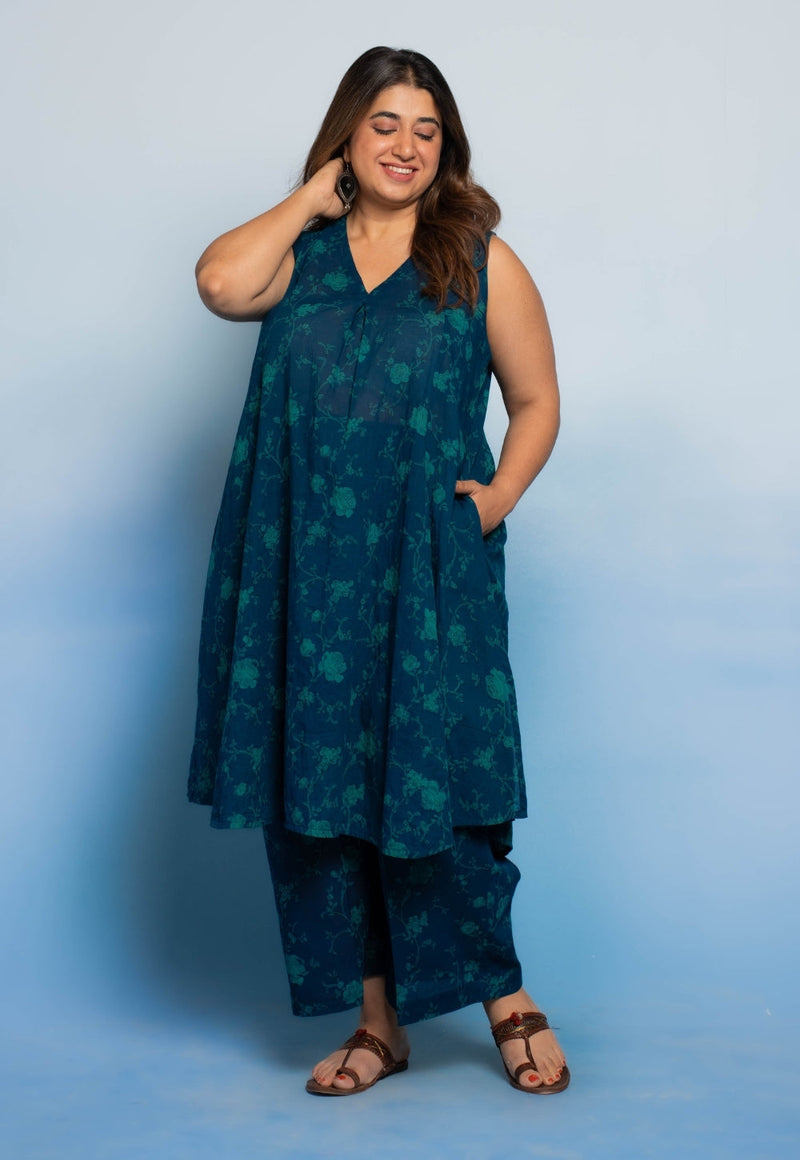 Raahi Blue Dabu Mul Cotton A Line Co-Ord Set