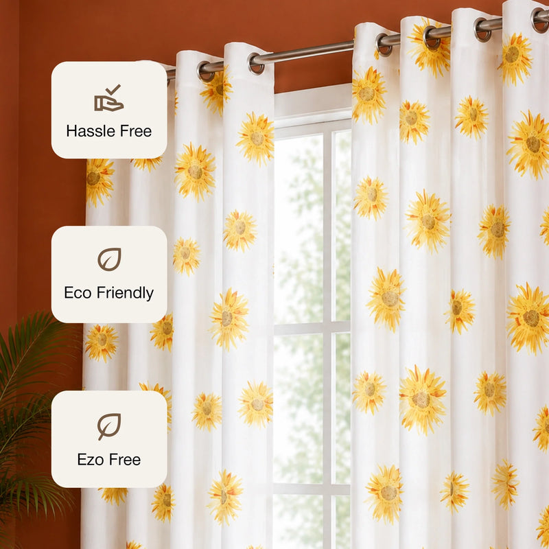 Yellow Sunflower Printed Eyelet Duck Curtain-3
