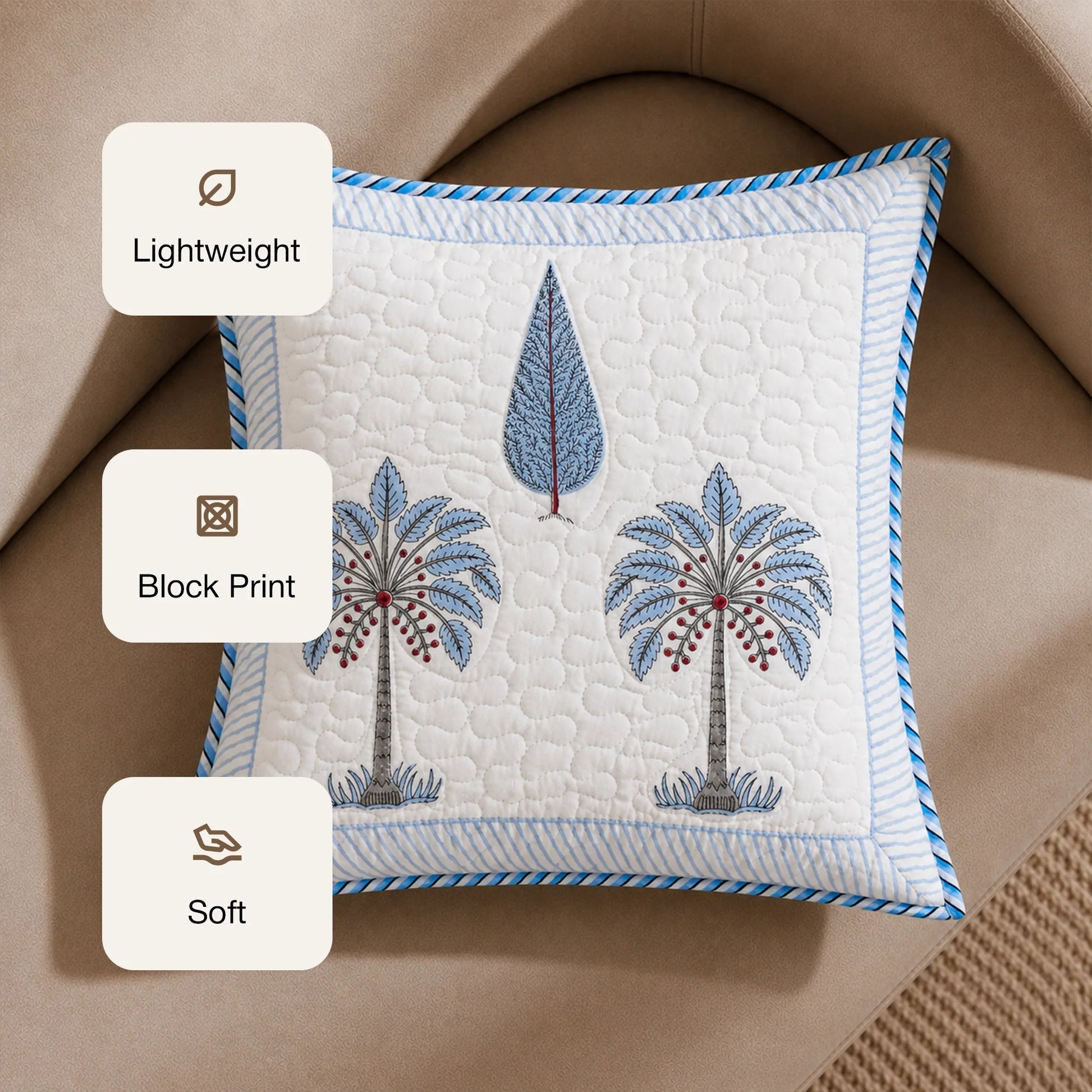 Ombre Lupine - Hand Block Print Quilted Cushion Cover (Blue)-3