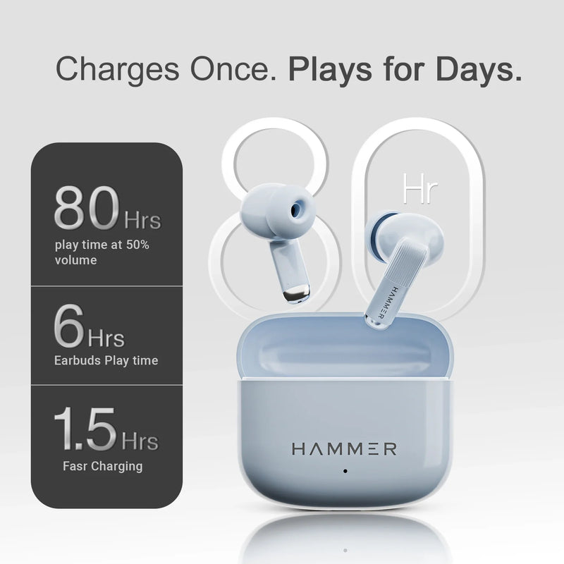 Hammer Solo Earbuds with 80H Playtime, Bluetooth v6.0, 13mm Drivers, Fast Charging (Blue)-4