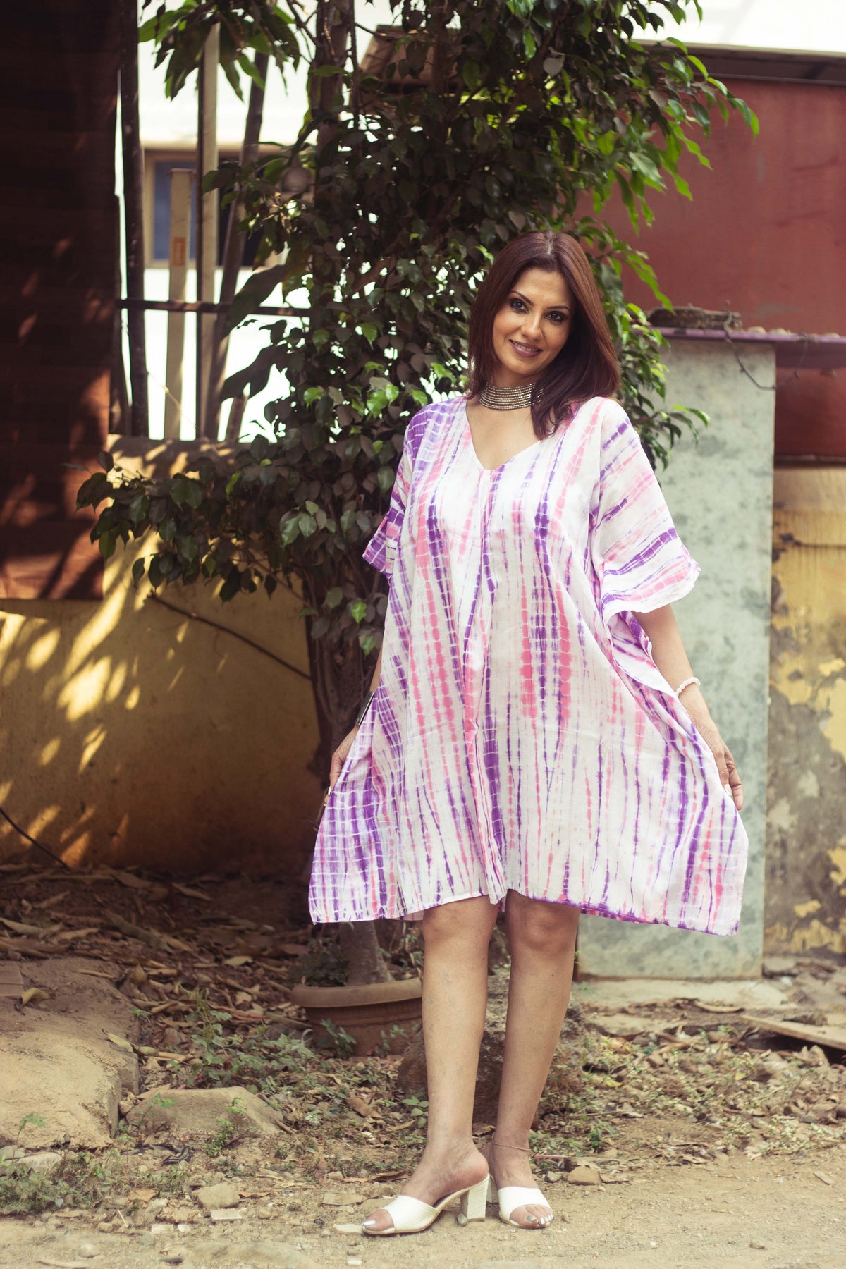 Tie-dyed Cotton Mul Kaftan tunic/dress · Bubble Gum