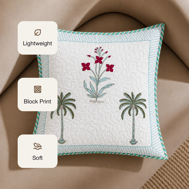 Ombre Tulip - Hand Block Print Quilted Cushion Cover (Green)-3