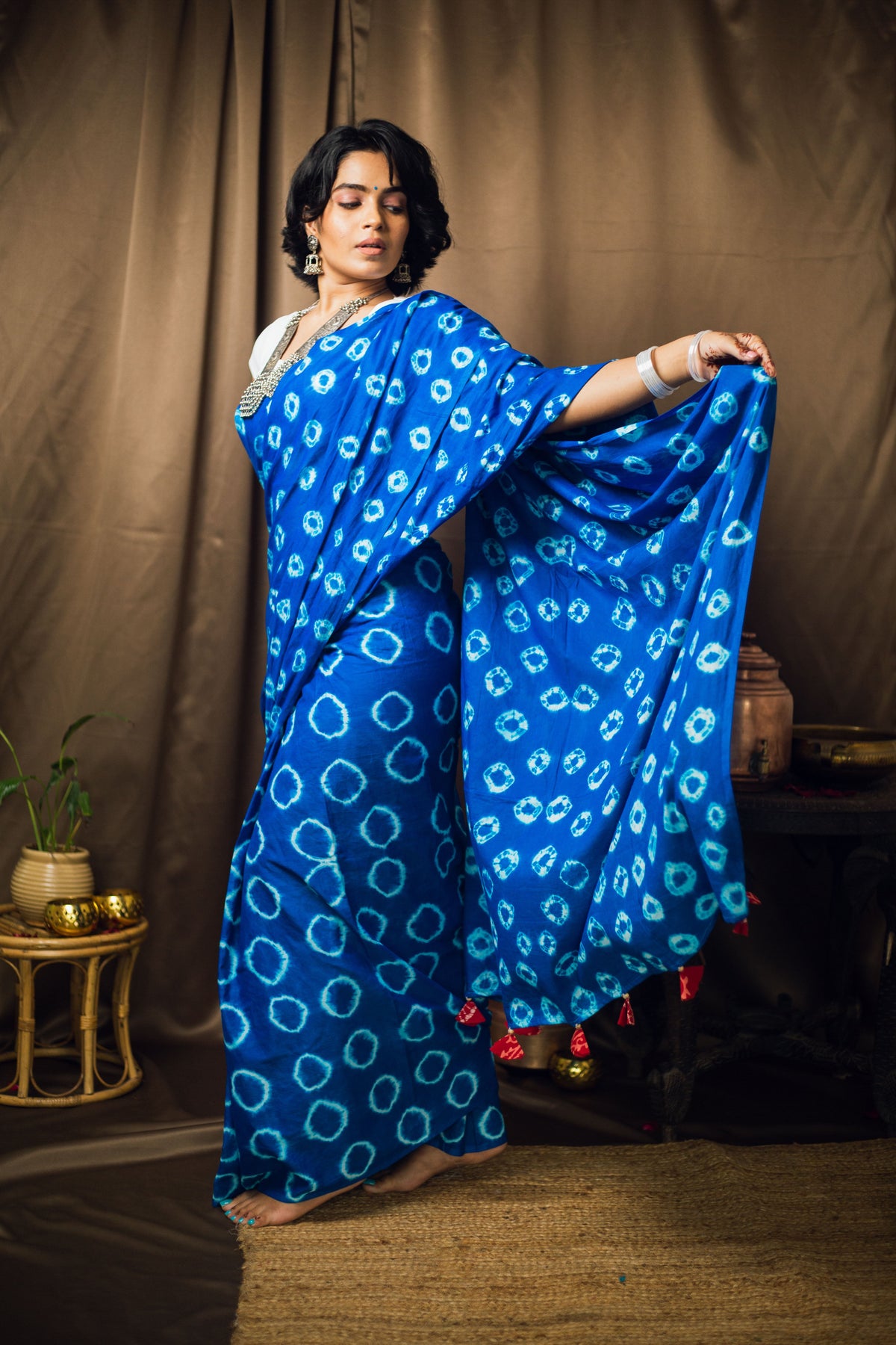 Cotton Mul Tie Dye Saree Blue Bindu-3