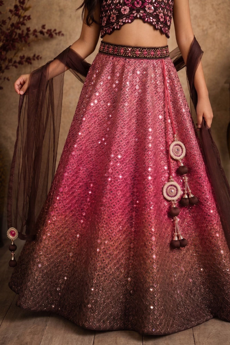 Pink and Brown Ombre Sequin Lehenga Choli Set with Dupatta