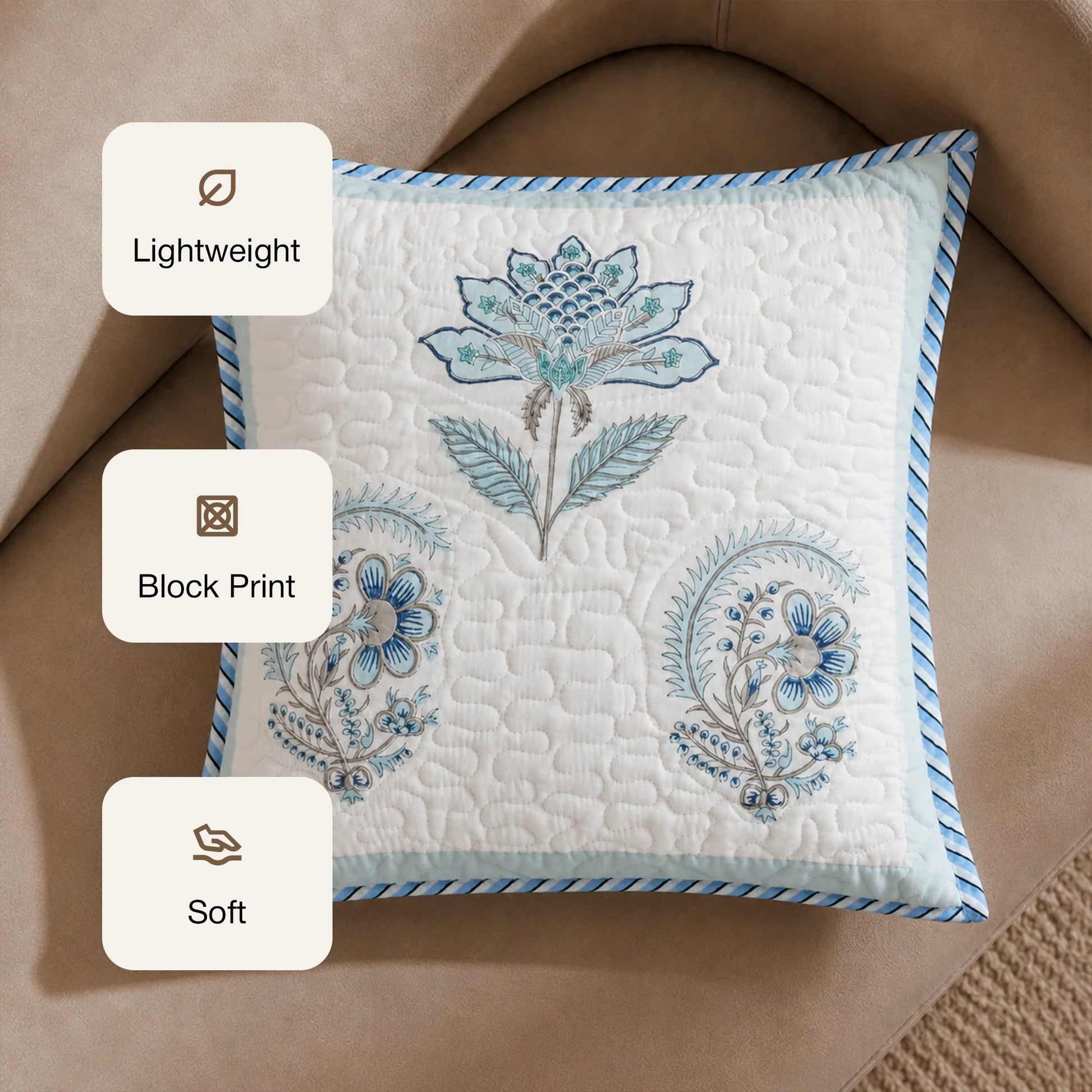 Ombre Tranquil - Hand Block Printed Quilted Cushion Cover (Baby Blue)-3