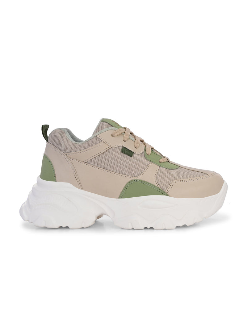 EL PASO Women Beige Faux Leather Casual Lace Up Sneakers-2