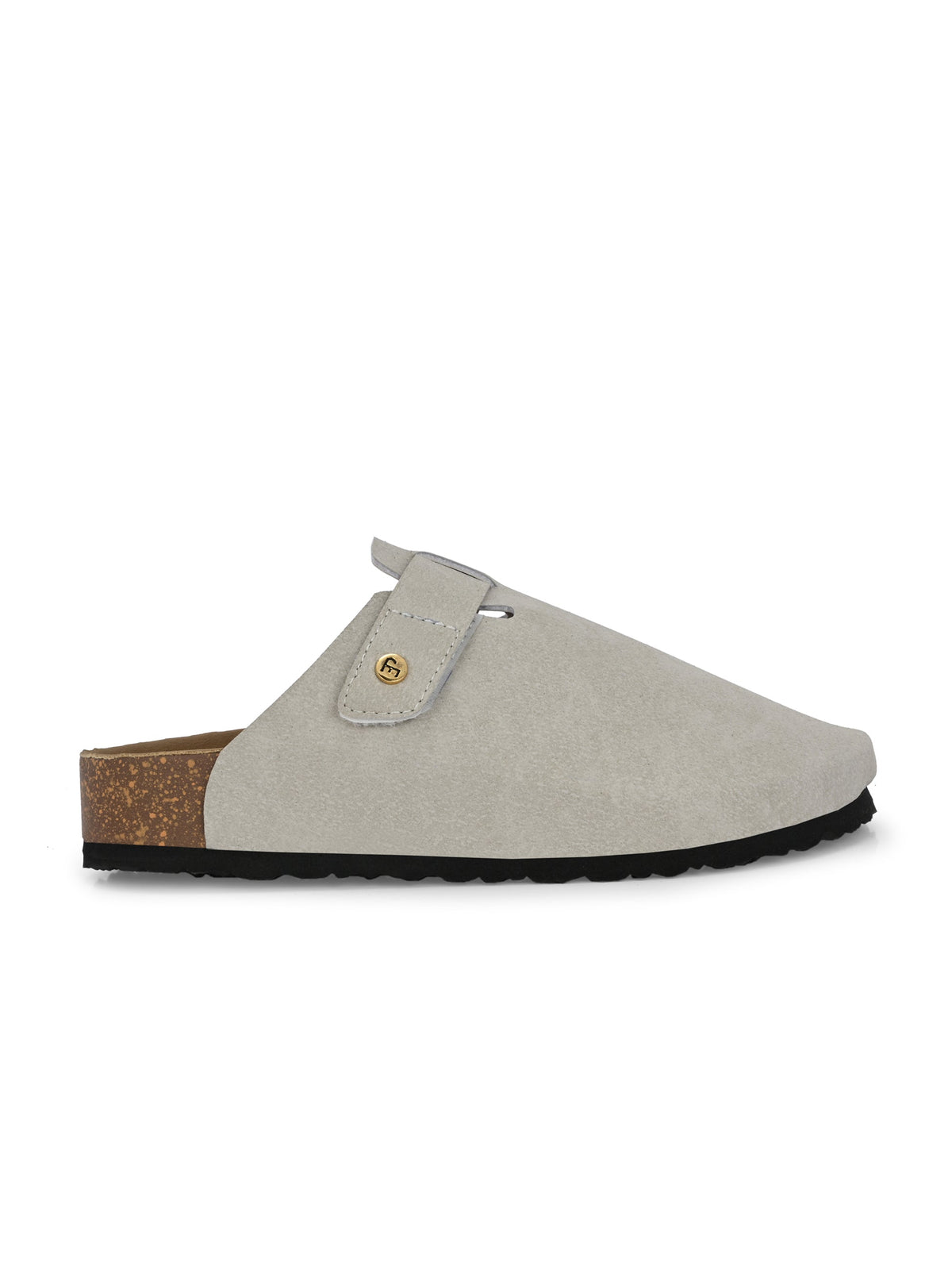 Nude suede slip-on clog with a black rubber sole and adjustable strap.