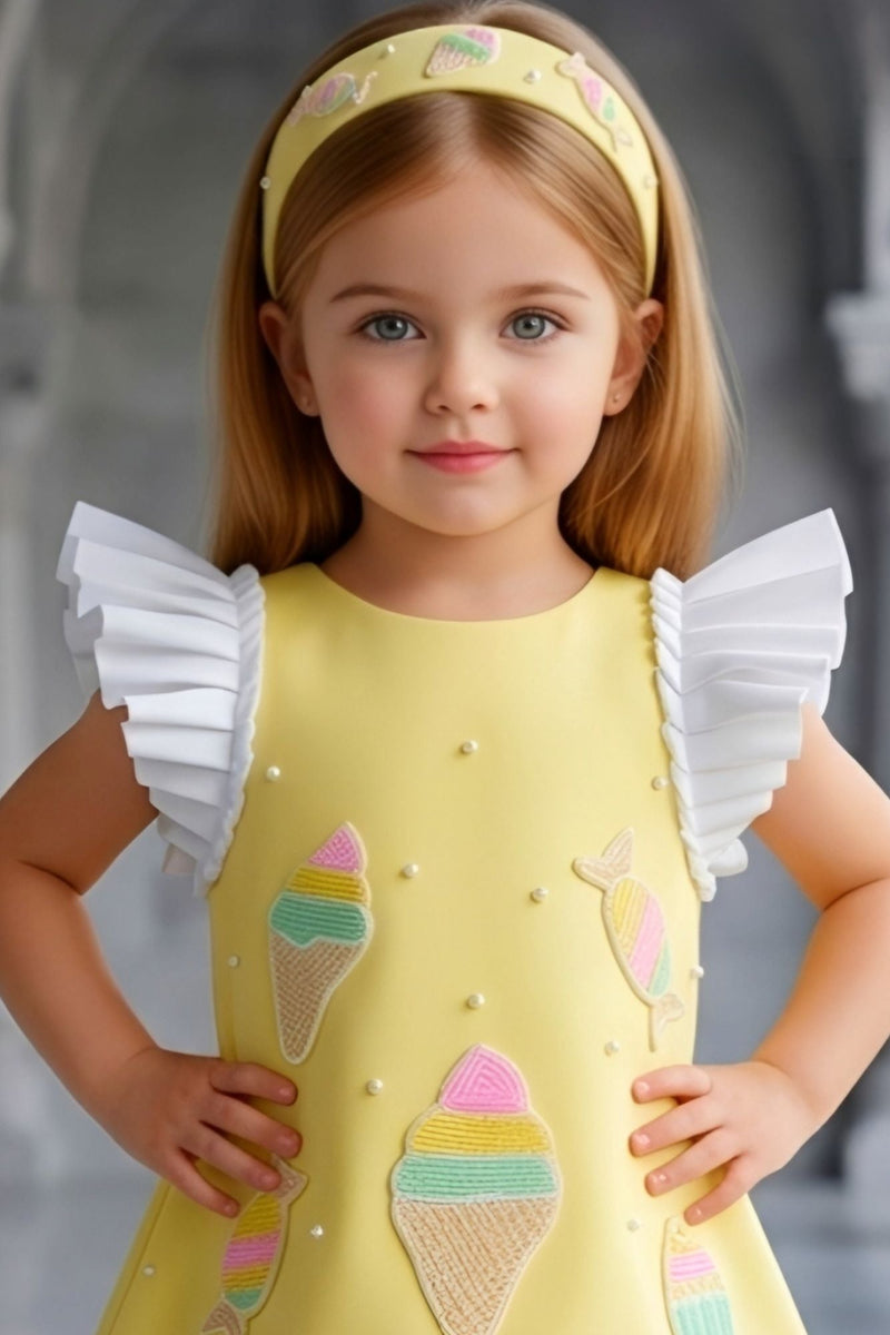 Lemon Yellow Ice Cream Appliqué Party Wear Frock with Pleated Ruffle Sleeves For Girls