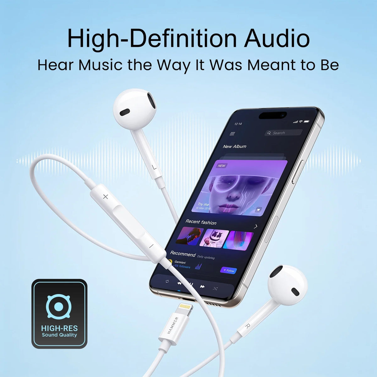 Hammer Nova 4 Lightning Earphones with Mic, Ergonomic Half In-Ear Wired Earphones for iPhones - White-3