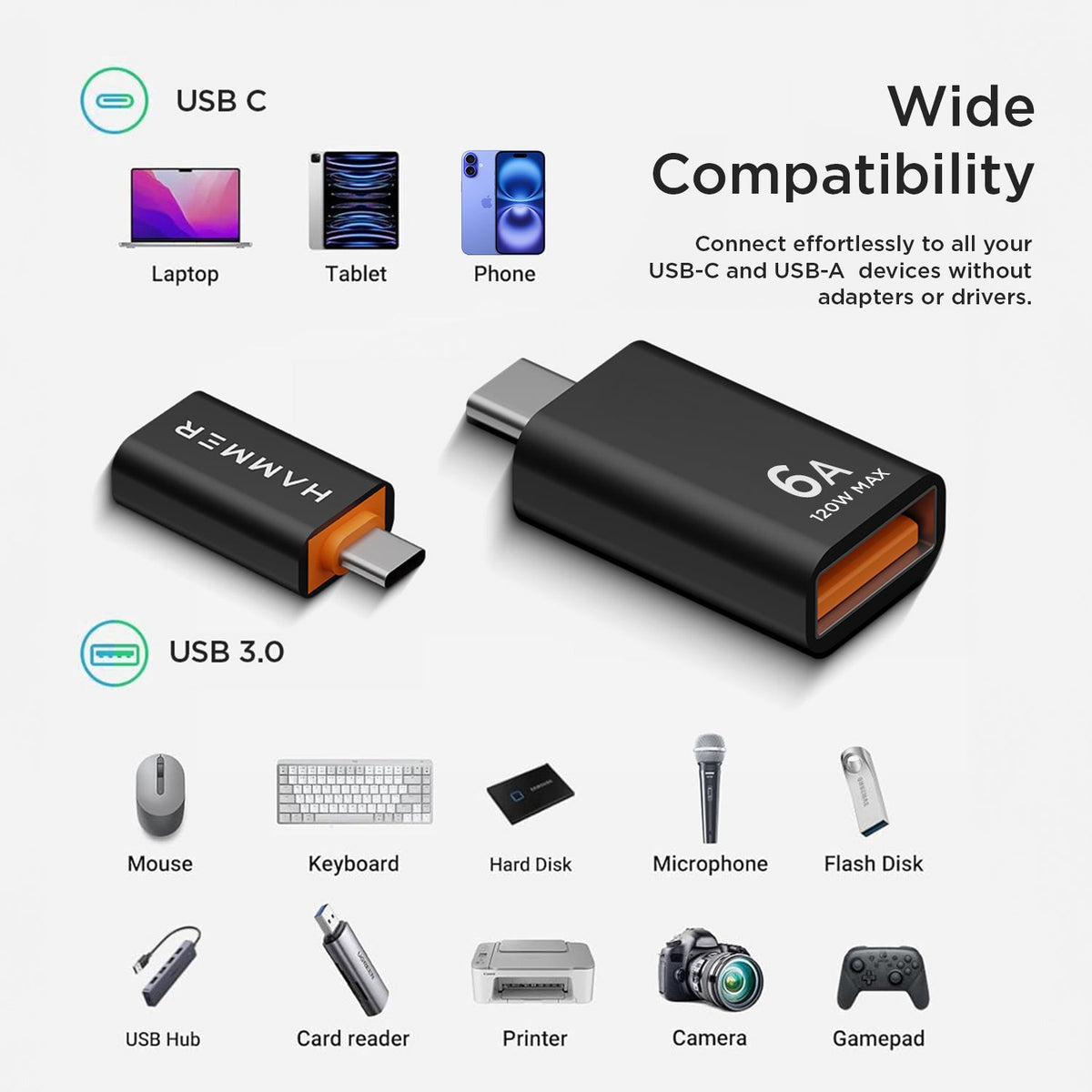 HAMMER USB 3.0 to Type C OTG Adaptor, High Speed Data Transfer, Compatible for All Type C Devices ,USB HUB (Black)-8