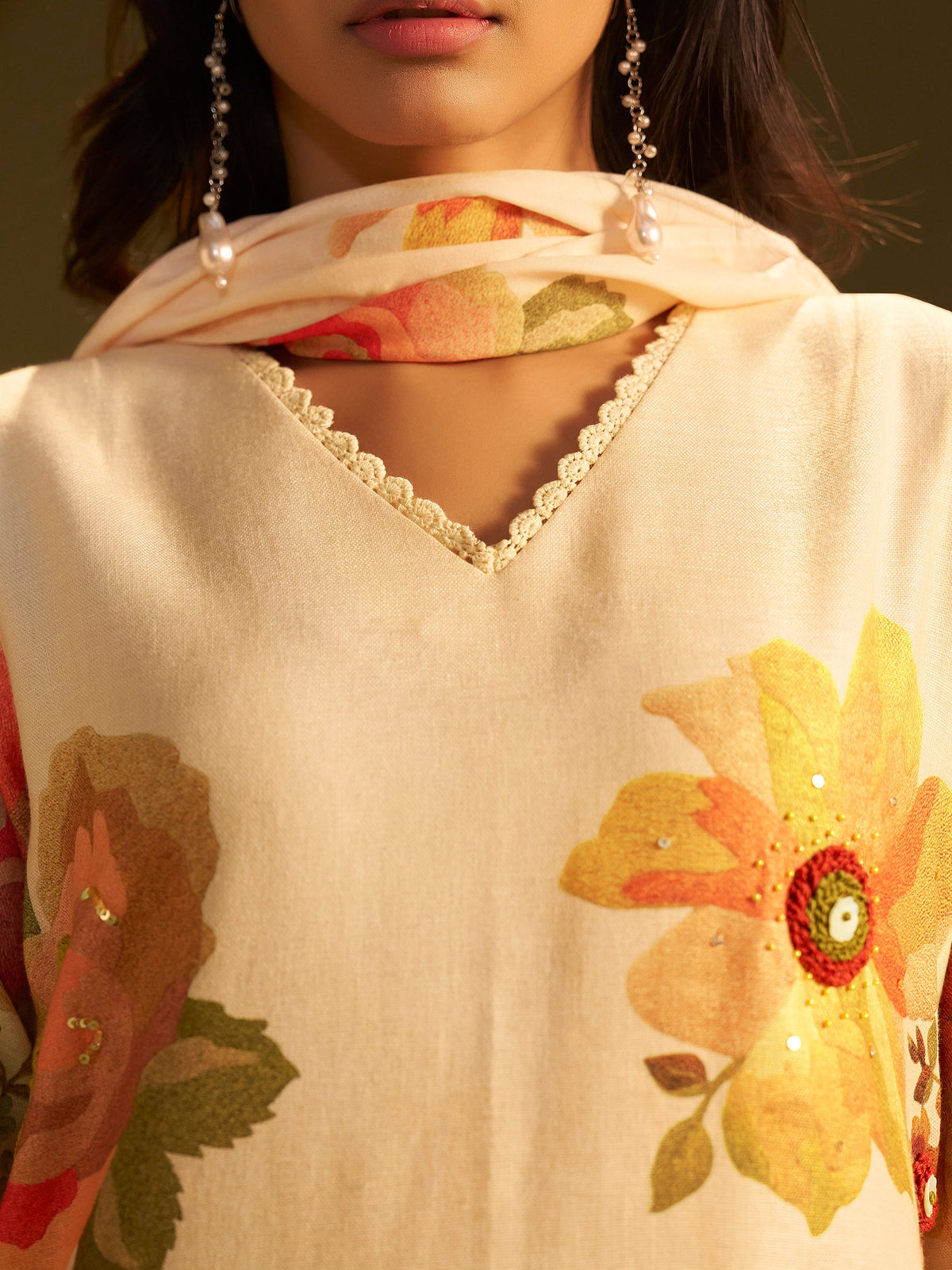 Ananya Beige Linen Printed Set