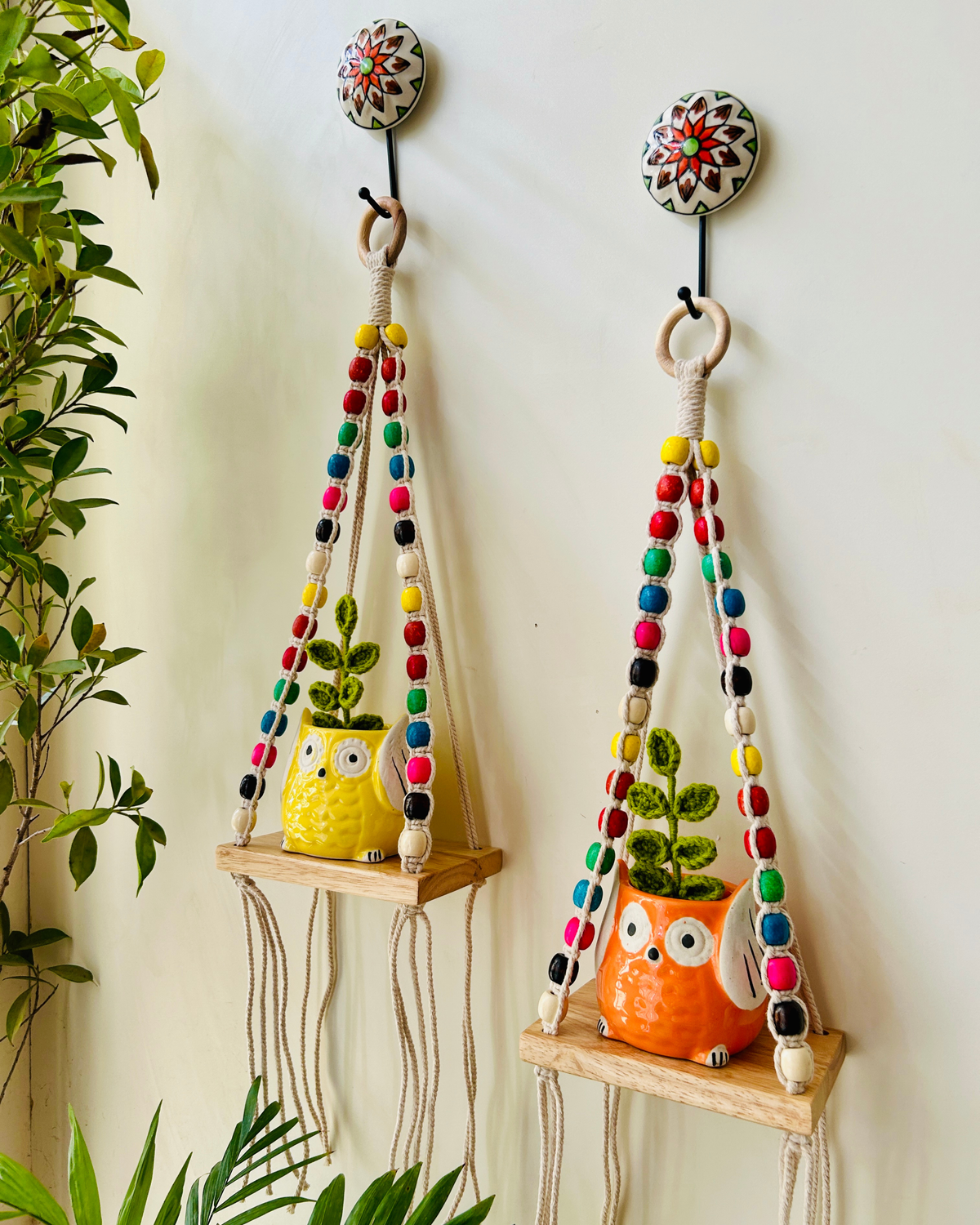 Colorful Macrame Beaded’ Mini Wall Shelves with ceramic hooks and ceramic owl planters