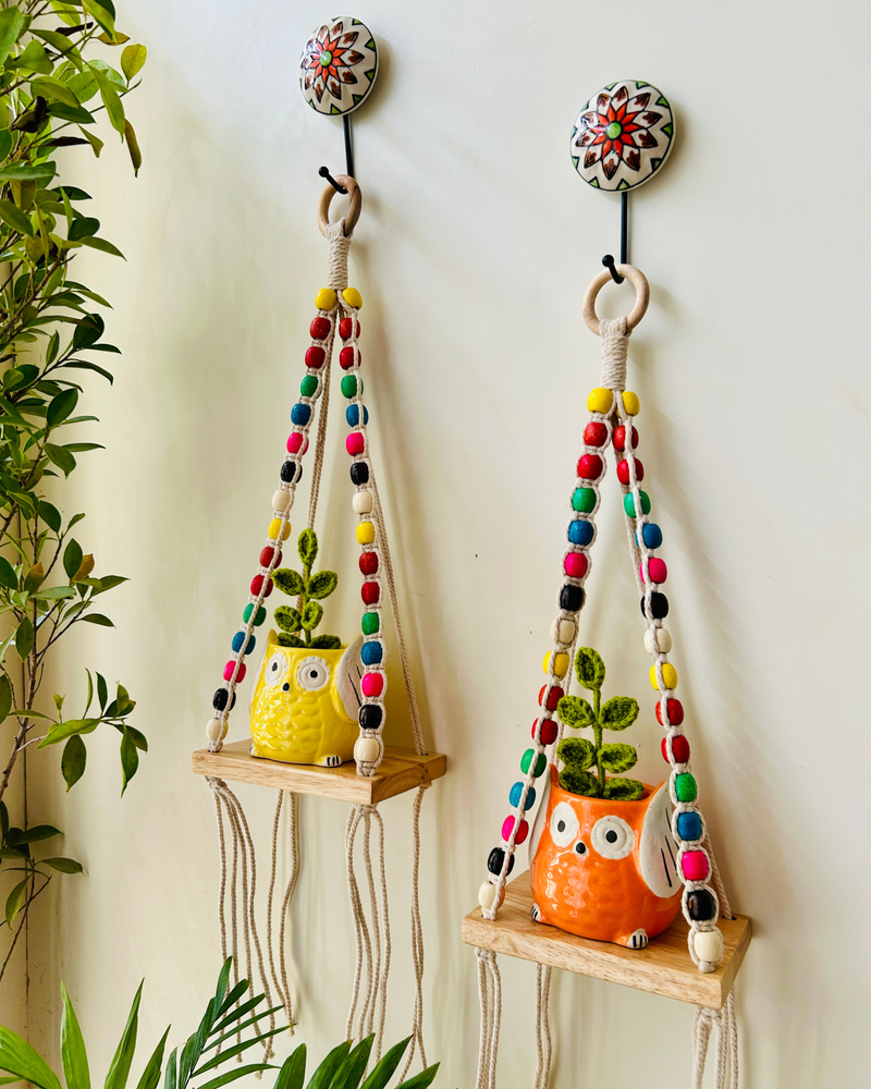 Colorful Macrame Beaded’ Mini Wall Shelves with ceramic hooks and ceramic owl planters
